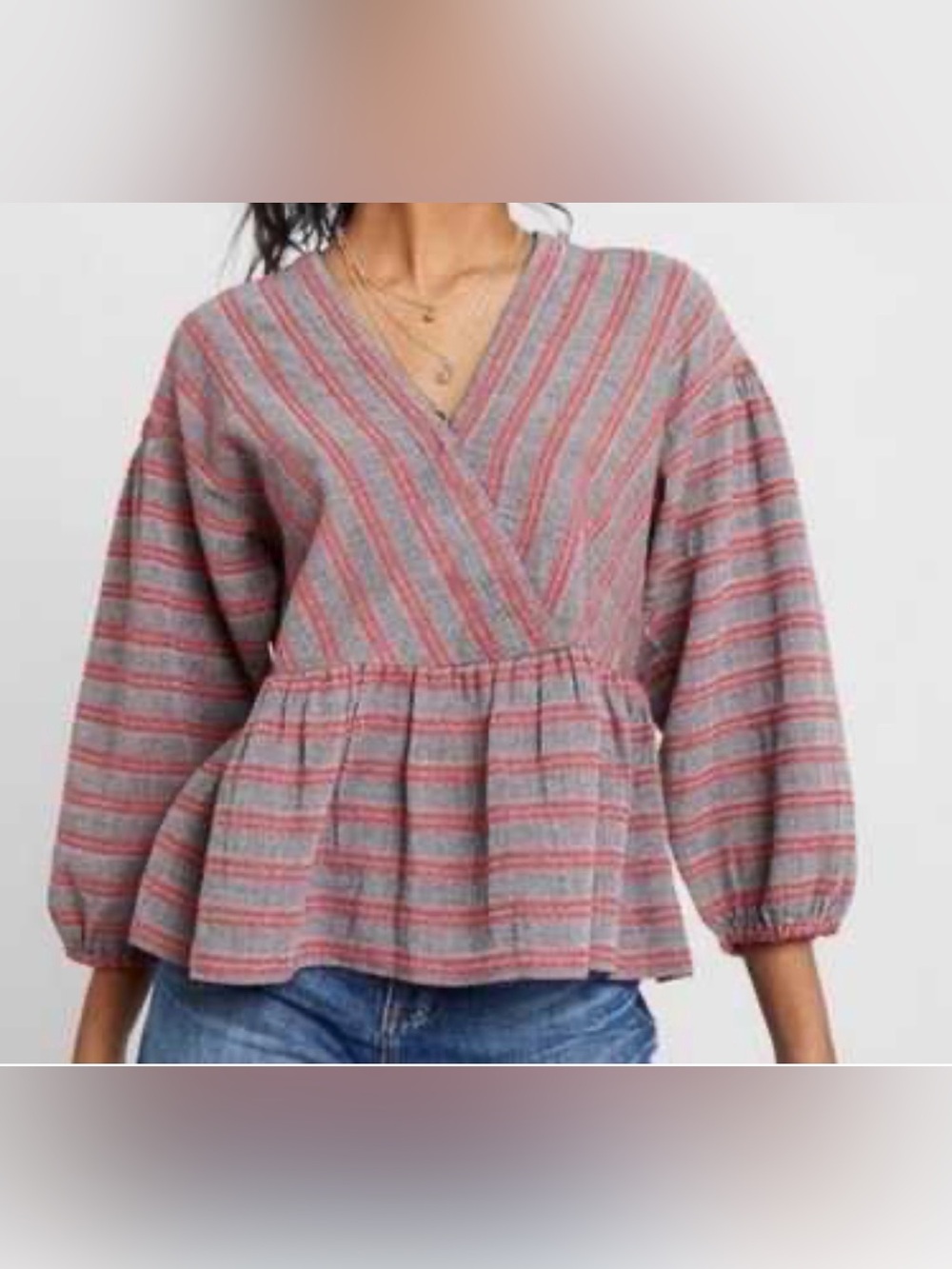 Madewell Women’s Size Medium Grey Red Deep V-neck Bubble Long Sleeve Peplum Top
